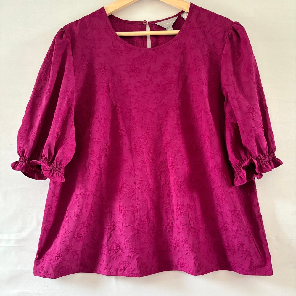 Ted Baker Magenta Pink Floral‎ Jacquard Puff Sleeve Blouse XL 1037380 NWT